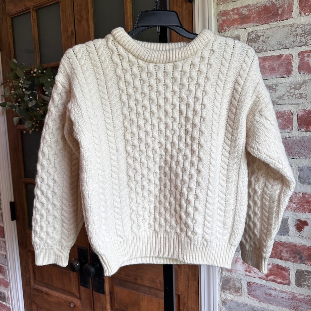 Blarney Woollen Mills Sweater Womens Cream Merino Wool Cable Knit Aran XS